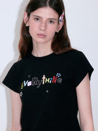fano Creative Print Soft Cotton Blend Fitted Korean Black Long Sleeve Crop Tops