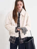 fano Warm Vintage Loose Lapel Zipper Long Sleeve Casual Young Women Ivory Short Coat