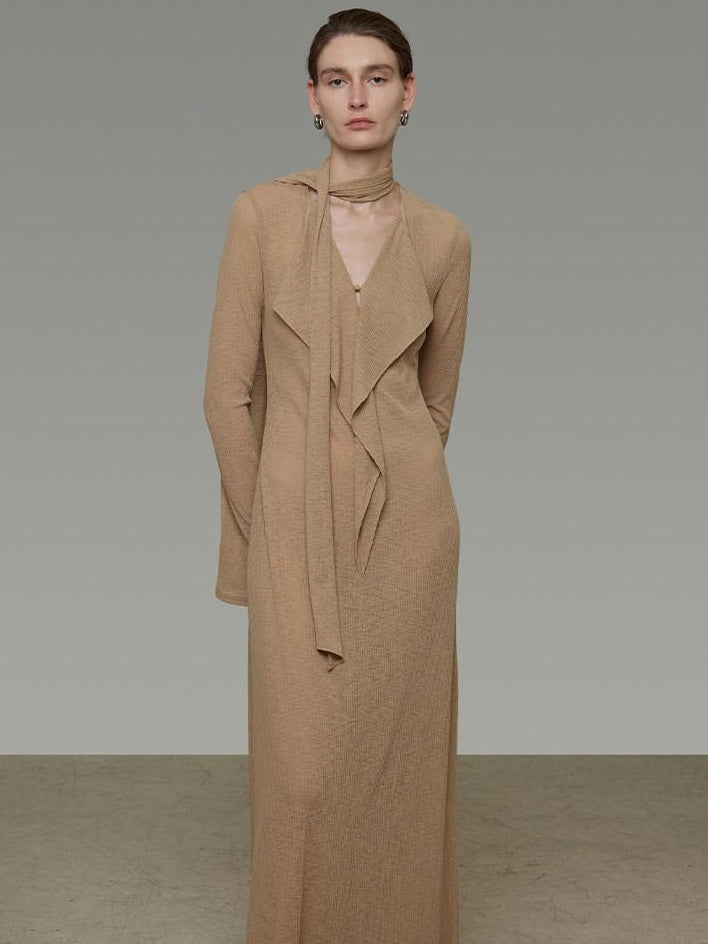unspoken Breathable High Waist Sash V-neck Aline Longsleeve Office Polyester Maxi Dresses