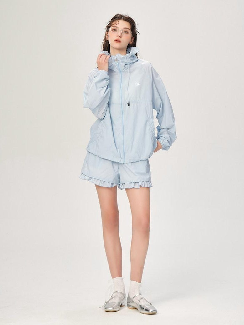 ikyou Upf50+ Breathable Nylon Ruffle Zip Commuter Relaxed Fit Women Top & Shorts Sets