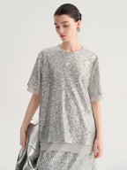 audreyyang Sparkling Sequin Casual Loose Fit Women Crew Neck Top & Skirt Sets
