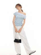 ikyou Wrinkle Free Ruffle Slim Asymmetric Neck Women Solid Blue Short Sleeve T-Shirts