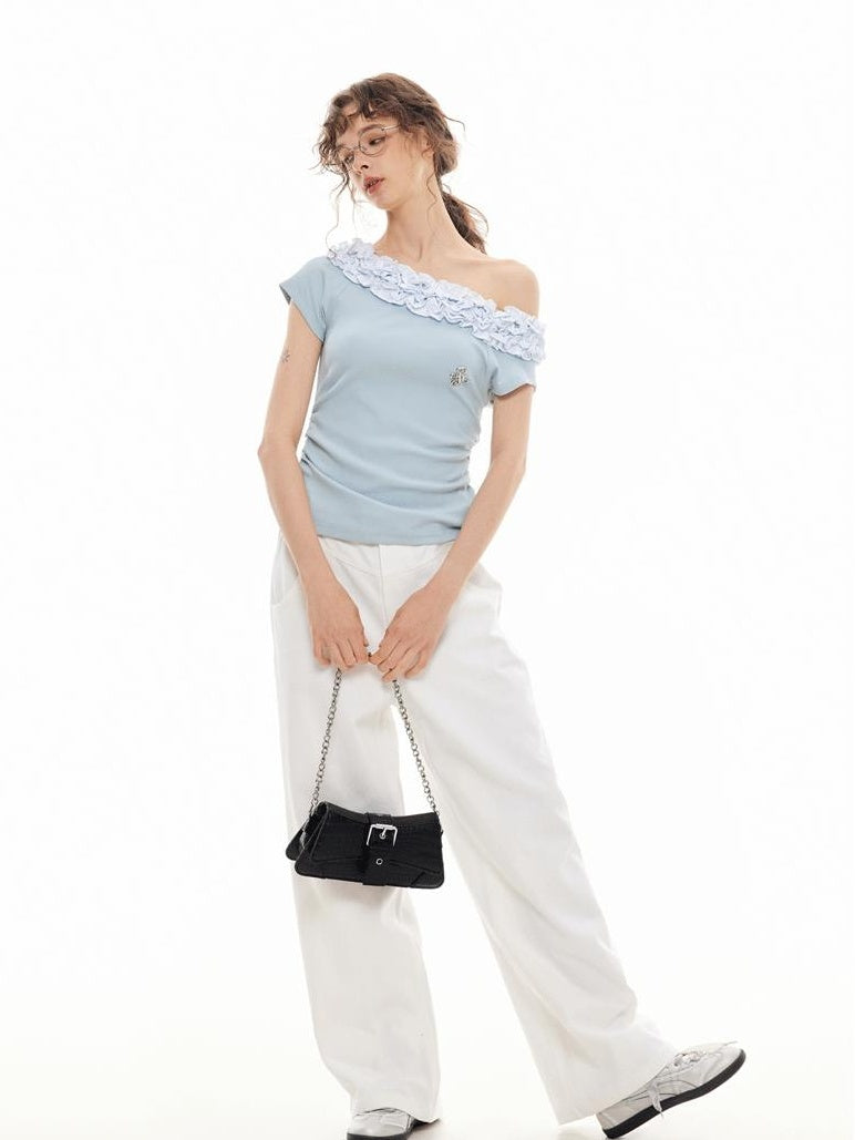 ikyou Wrinkle Free Ruffle Slim Asymmetric Neck Women Solid Blue Short Sleeve T-Shirts