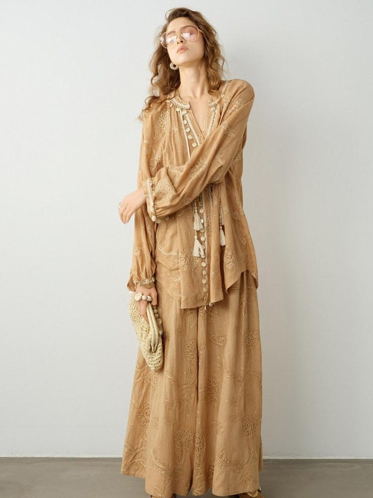 audreyyang Breathable Cotton Floral Natural Waist Office Khaki Wide Leg Pants
