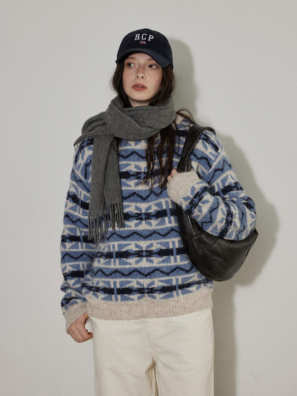 Lofi choose Thick Wool Blend Pullover Relaxed Fit Office Ready Crew Neck Blue Knitwear