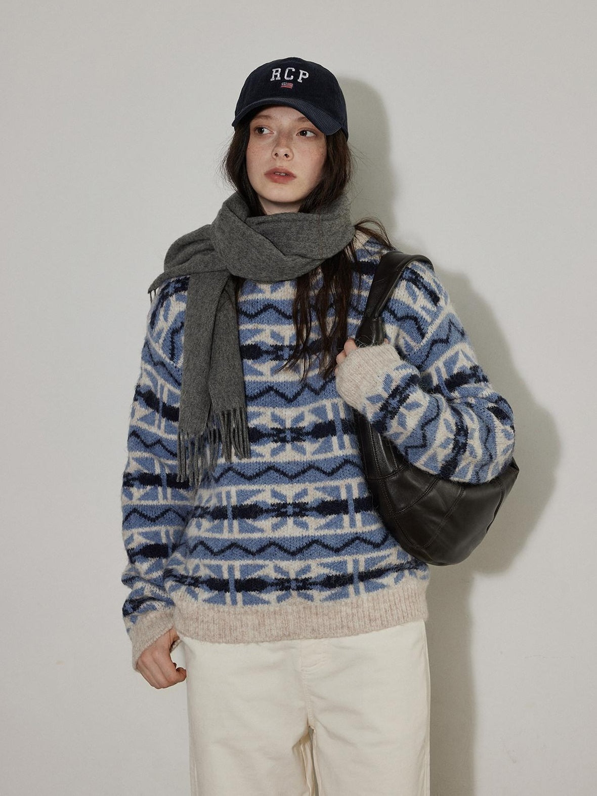 Lofi choose Thick Wool Blend Pullover Relaxed Fit Office Ready Crew Neck Blue Knitwear