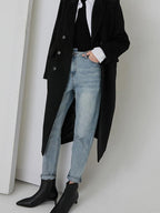 fano Thick Doublebreasted Blazer Collar Commuter Midlength Women Black Long Coats