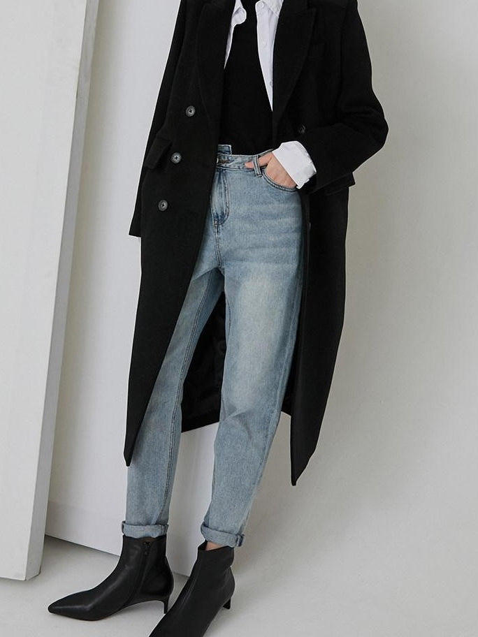 fano Thick Doublebreasted Blazer Collar Commuter Midlength Women Black Long Coats