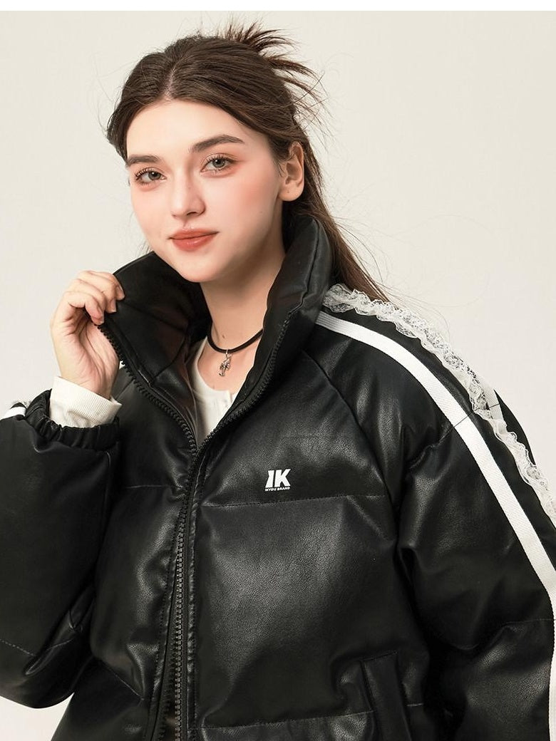 ikyou Thick Pu Leather Short Zip Stand Collar Straight Commuter Black Puffer Jackets