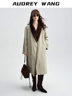 audreyyang Warm Thick Lapel Patchwork Slavic Loose Fit For Women Faux Fur Almond Long Coats