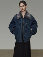 unspoken Warm Cotton Blend Loose Commuter Zipper Fur Collar Blue Gray Denim Jackets