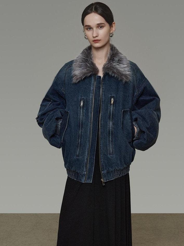 unspoken Warm Cotton Blend Loose Commuter Zipper Fur Collar Blue Gray Denim Jackets