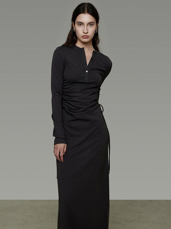unspoken Breathable Tencel Ruched High Waist A Line Long Sleeve Slim Office Maxi Dresses