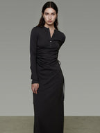 unspoken Breathable Tencel Ruched High Waist A Line Long Sleeve Slim Office Maxi Dresses