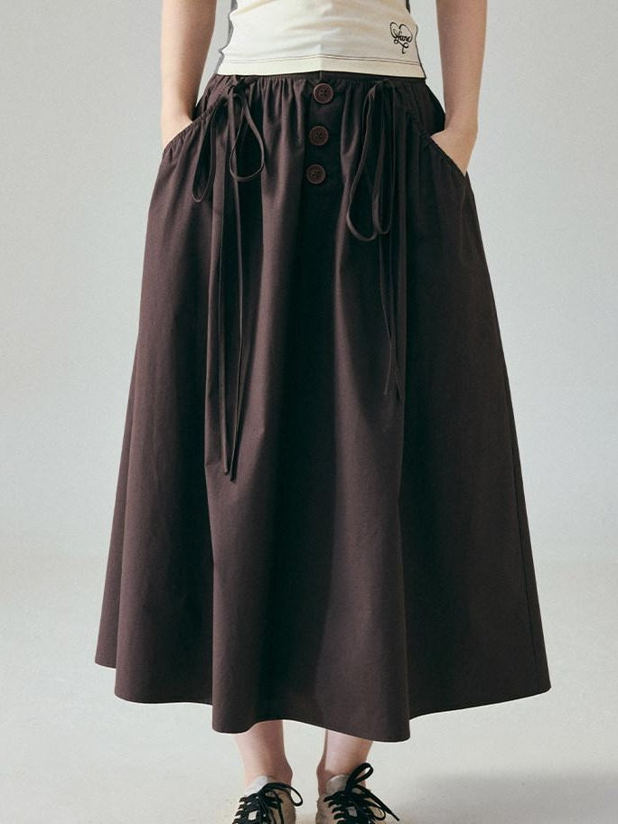 fano Soft 100 Percent Cotton Aline Mid Waist Flowy Korean Plain Brown Maxi Skirts