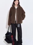 fano Warm Lambswool Plaid Stand Collar Zip Loose Fit Casual Women Brown Short Coat