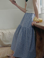 fano Lined 100% Cotton A Line Mid Waist Loose Fit Women Floral Blue Check Maxi Skirts