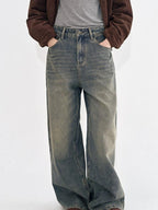fano Breathable Cotton Distressed Natural Waist Loose Fit Blue Wide Leg Jeans
