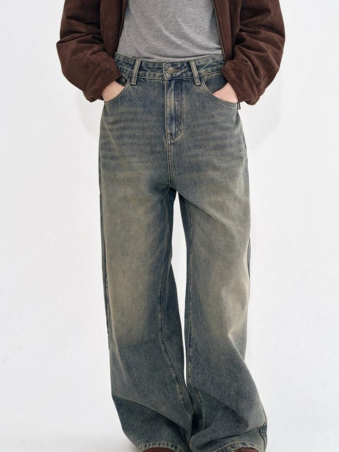 fano Breathable Cotton Distressed Natural Waist Loose Fit Blue Wide Leg Jeans