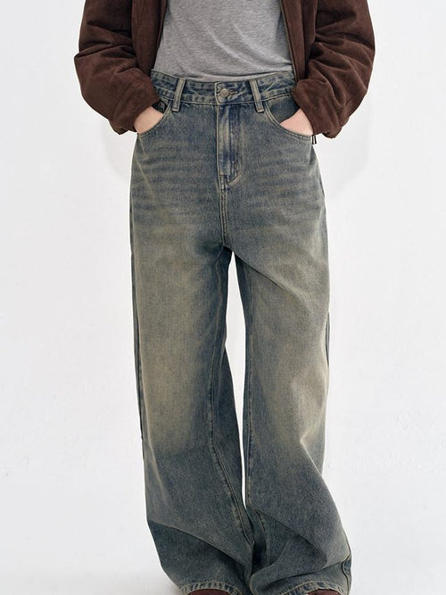 fano Breathable Cotton Distressed Natural Waist Loose Fit Blue Wide Leg Jeans