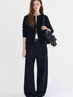 fano Vintage Washed Cotton Loose Natural Waist Casual Women Dark Wide Leg Pants