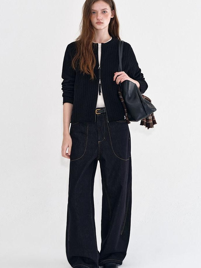 fano Vintage Washed Cotton Loose Natural Waist Casual Women Dark Wide Leg Pants