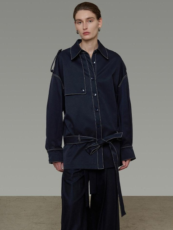 unspoken Vintage Loose Fit Irregular Pocket Detail Women Navy Polyester Trench Coats
