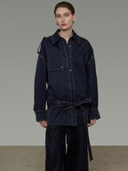 unspoken Vintage Loose Fit Irregular Pocket Detail Women Navy Polyester Trench Coats