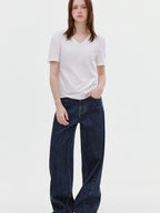 fano Deep Blue Natural Waist Relaxed Casual Zip Fly No Stretch Wide Leg Jeans