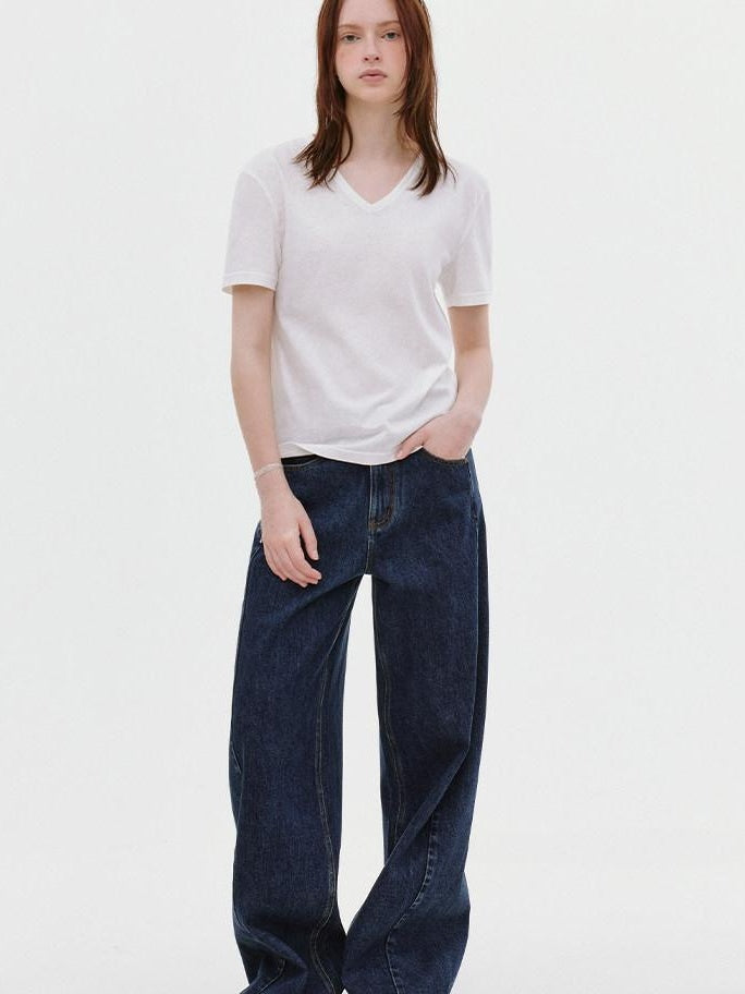 fano Deep Blue Natural Waist Relaxed Casual Zip Fly No Stretch Wide Leg Jeans