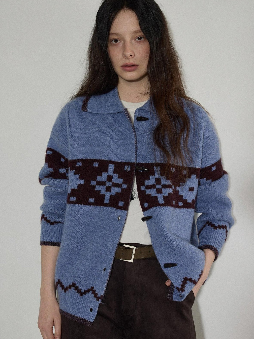 Lofi choose Acrylic Wool Relaxed Fit Commuter Cardigan Women Geometric Blue Sweaters