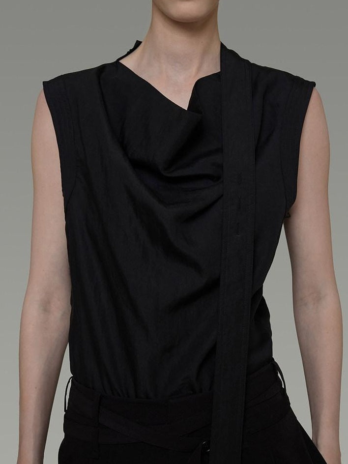 unspoken Breathable Viscose Tie Neck Sleeveless Loose Commuter Chic Women Black Blouses