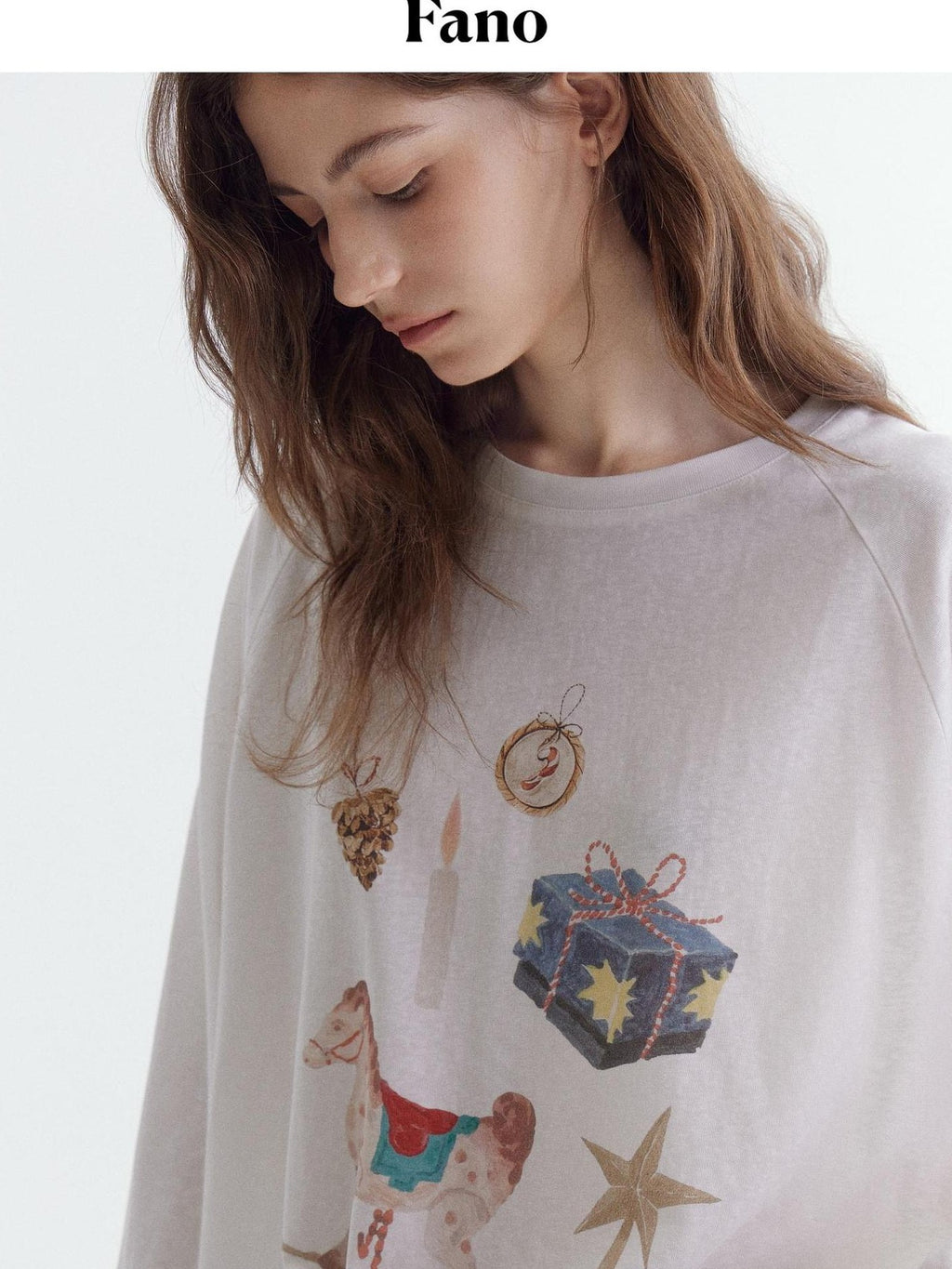 fano Cotton Blend Printed Crewneck Loose Fit Women White Long Sleeve T-Shirts