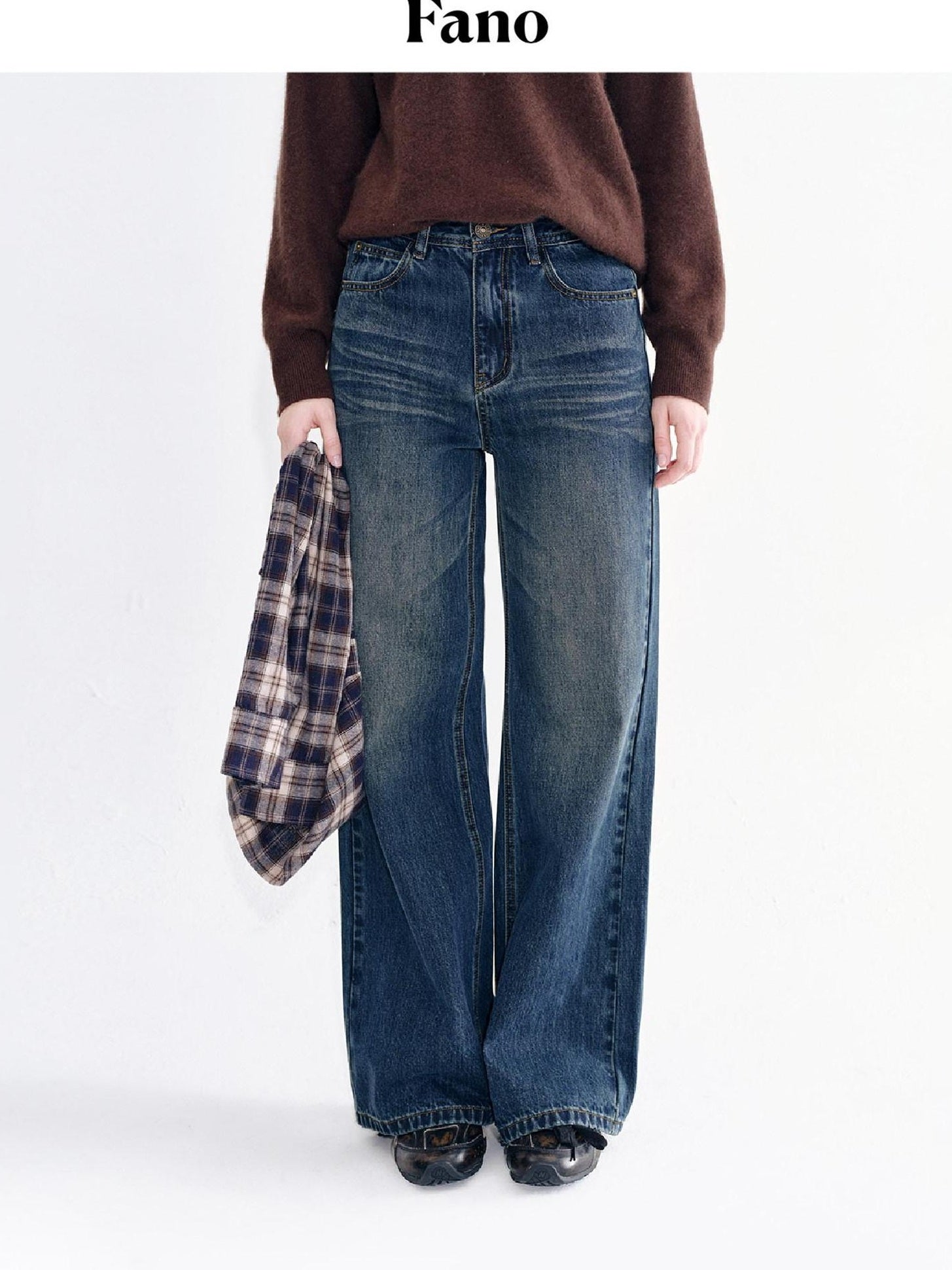 fano Breathable Cotton Wide Natural Waist Plaid Womens Straight Leg Jeans