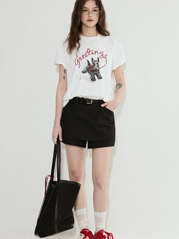 fano Cotton Blend Korean Loose Fit Crewneck Women White Printed Short Sleeve T-Shirts