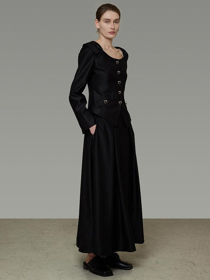 unspoken Slim Long Sleeve Square Neck Button Crop Top High Waist Black Top & Skirt Sets
