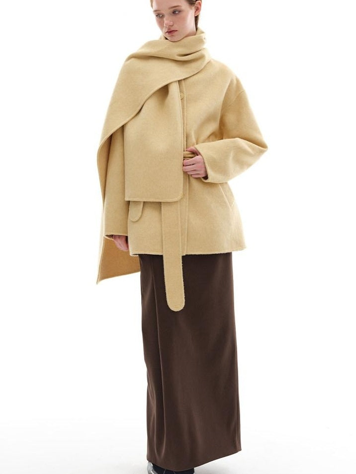 someone sometimes Minimalist Belted Roundneck Single Breasted 50 Percent Wool Yellow Wool Coats