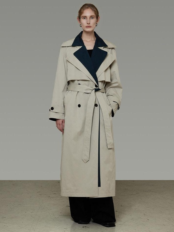 unspoken Minimalist Double Breasted Long Straight Workwear Beige Navy Trench Coats