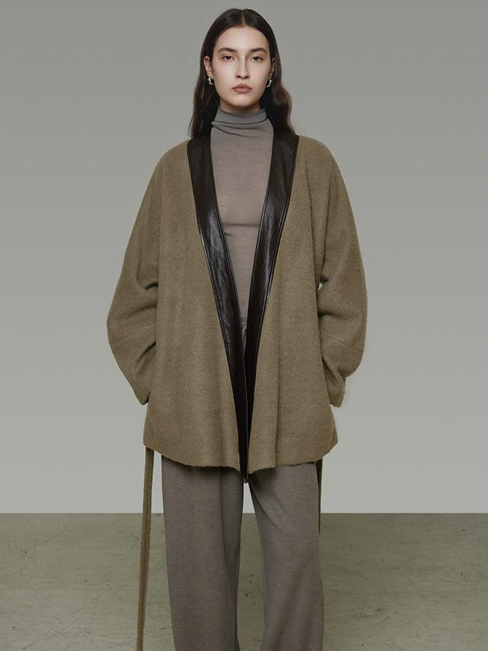 unspoken Minimal Patchwork Loose Fit V-neck Tie Closure Women Commuter Wool Coats