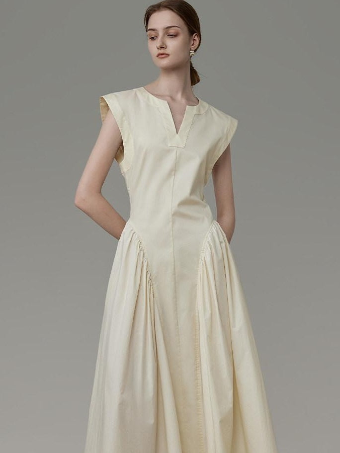 unspoken High Waist Colorblock V-neck Sleeveless Workwear A Line Cotton Maxi Dresses