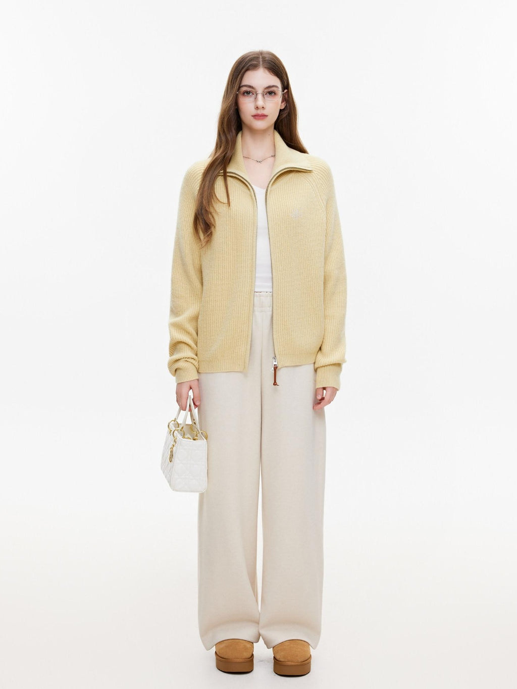 ikyou Warm Zipper Stand Collar Loose Knit Commuter Yellow Wool Blend Cardigans