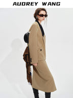 audreyyang Khaki Contrast Lapel Blazer Slit Loose Fit Long Sleeve Women Top & Skirt Sets