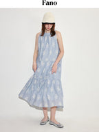 fano 100 Percent Cotton Sleeveless A Line Korean Commuter Women Blue Maxi Dresses
