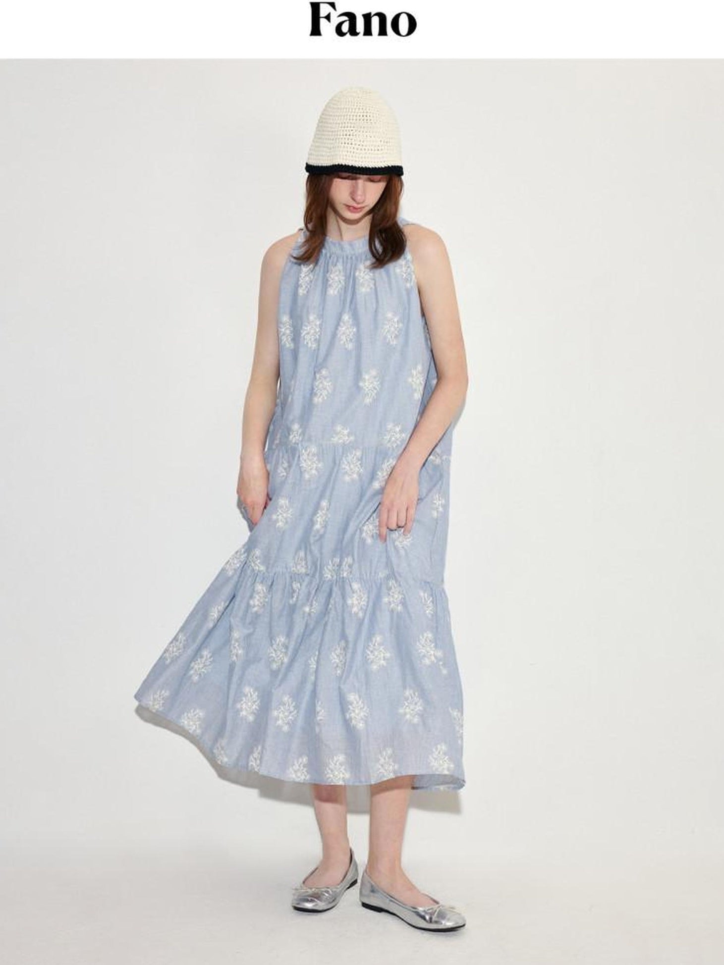 fano 100 Percent Cotton Sleeveless A Line Korean Commuter Women Blue Maxi Dresses