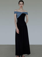 unspoken High Waist Colorblock V-neck A Line Viscose Knit Casual Women Maxi Dresses