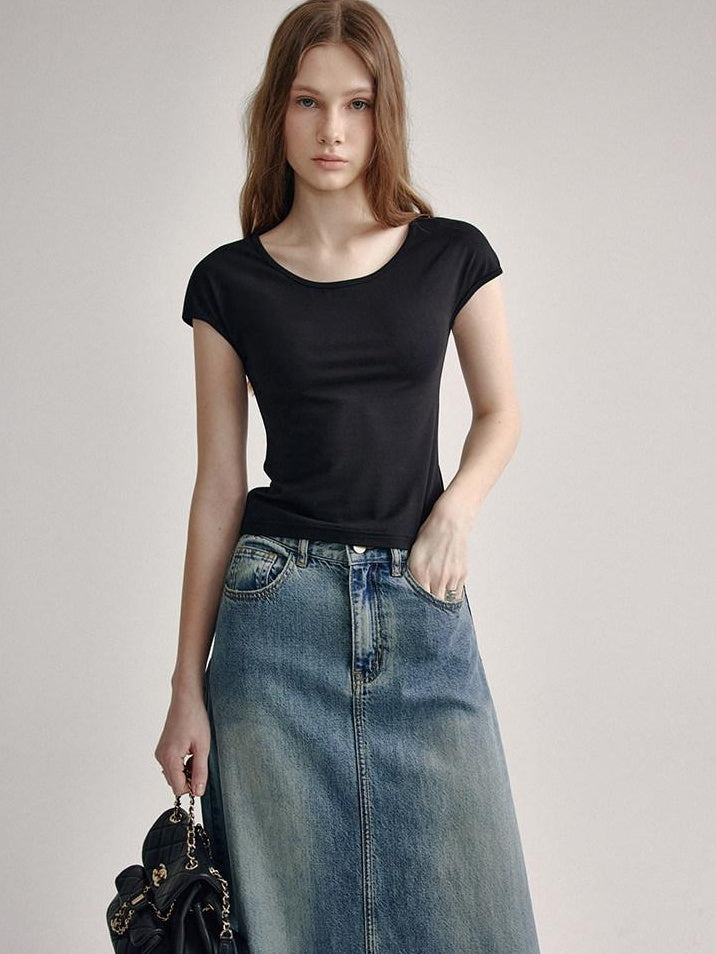fano Soft Stretch Polyester Round Neck Minimalist Women Black Basic Crop Tops