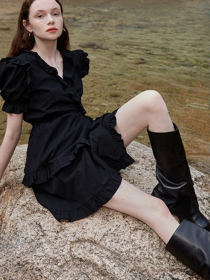fano High Waist Tie A Line Cotton V-neck Puff Sleeves Casual Work Women Midi Dresses