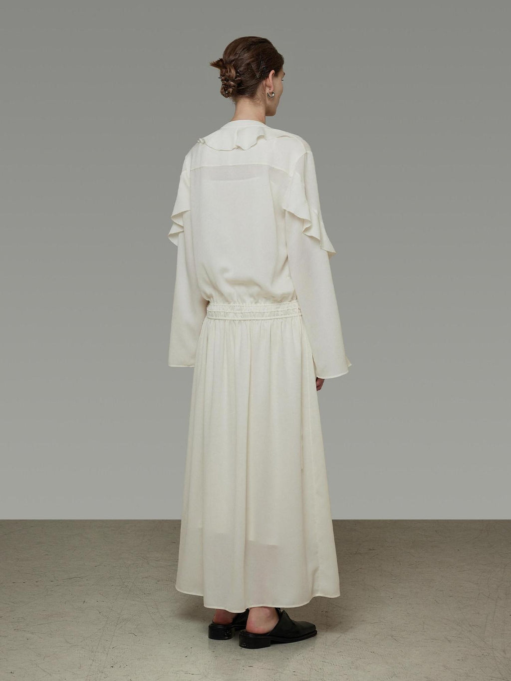 unspoken Breathable Minimal Ruffle Long Sleeve Loose H Fit Women Polyester Maxi Dresses