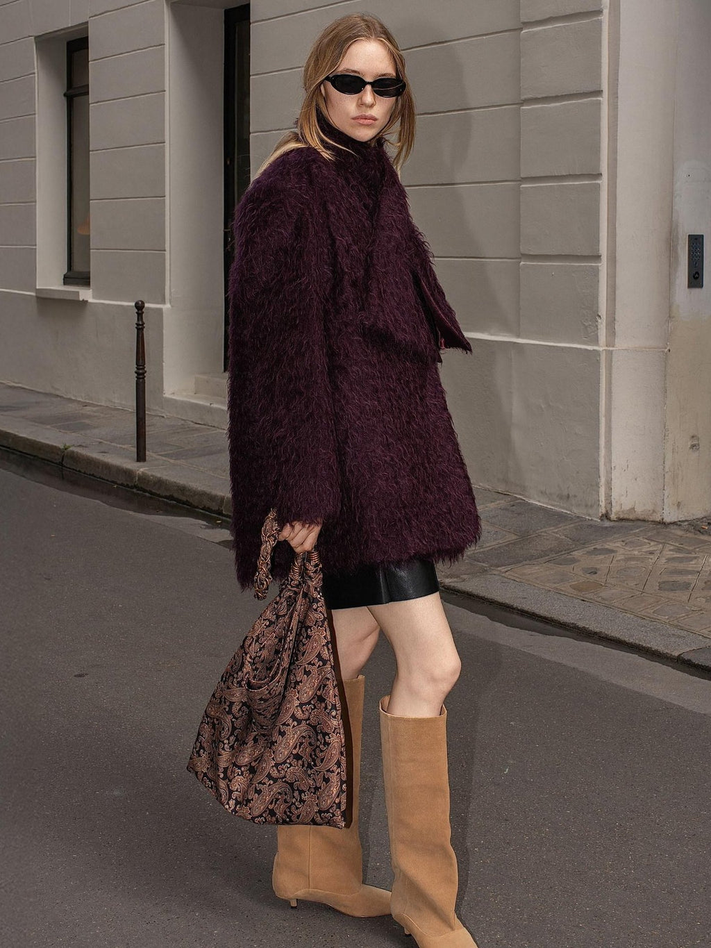 audreyyang Thick Mohair Blend Commuter V-neck For Women Solid Mustard And Grape Wool Coats