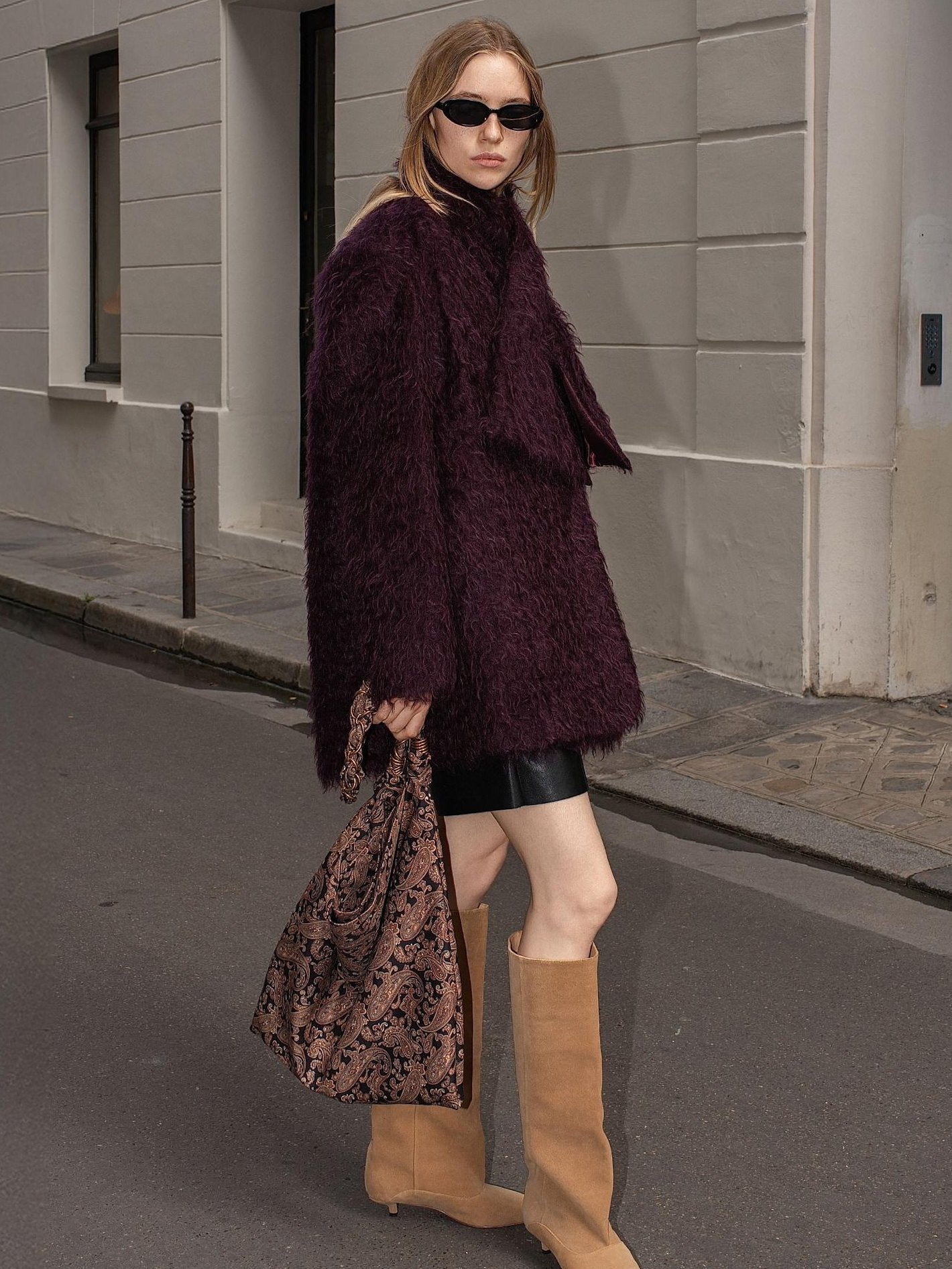 audreyyang Thick Mohair Blend Commuter V-neck For Women Solid Mustard And Grape Wool Coats